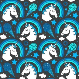 seamless pattern with unicorn and rainbow on dark background. vector cartoon style cute character