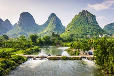 yangshuo, china view from the dragon bridge spanning the li river.