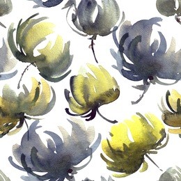 watercolor and ink illustration of flowers and leaves. sumi-e, u-sin painting. seamless pattern.