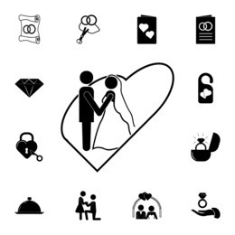 the bride and groom in the heart icon. set of wedding elements icon. 
