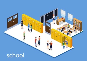 isometric 3d vector illustration interior class in school with students