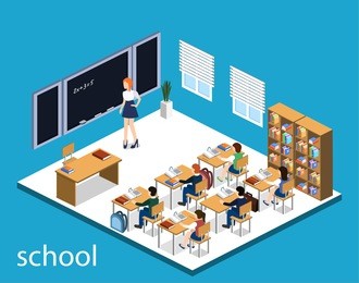 isometric 3d vector illustration interior class in school with students