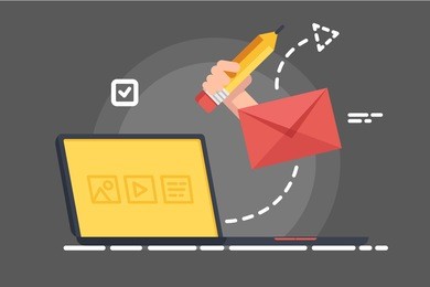 sending e-mail concept. letter sent from laptop flies through the air. flat style