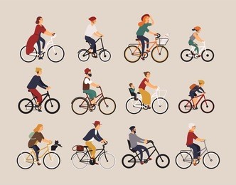 collection of people riding bicycles of various types - city, bmx, hybrid, chopper, cruiser, single speed, fixed gear. set of cartoon men, women and children on bikes. colorful vector illustration.