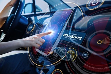 futuristic car cockpit and touch screen. autonomous car. driverless vehicle. hud(head up display). gui(graphical user interface). iot(internet of things).