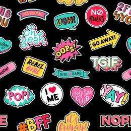 seamless pattern of girl fashion patches with black background