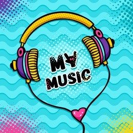 hand drawn cartoon headphones with lettering my music with hand instead of y and heart. vector colorful illustration on waves and halftone background in pop art retro comic style.  music poster.
