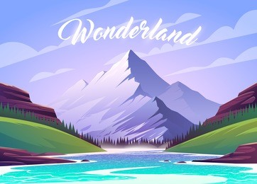 unbelievable mountain landscape. vector illustration. exciting view. a great mountain is surrounded river.