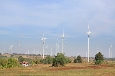 wind turbines for electric power production on mountain.