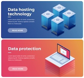 banner. internet equipment industry. data transmission technology and data protection. illustration of network telecommunication server. protecting your personal information. 3d isometric flat design.