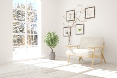 white room with armchair and winter landscape in window. scandinavian interior design. 3d illustration