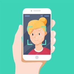 facial recognition concept. face id, face recognition system. hand holding smartphone with human head and scanning app on screen. modern application. flat design graphic elements. vector illustration