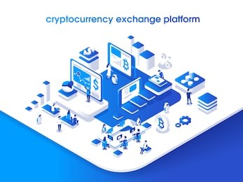 cryptocurrency and blockchain isometric composition with people, analysts and managers working on crypto start up. isometric vector illustration.