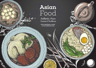 asian cuisine top view, colored dish set. vintage food menu design template. colorful vector illustration. eps 10
