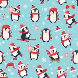 seamless pattern with penguins. cute penguin cartoon illustration. christmas animals pattern.