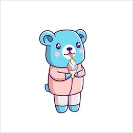 cute blue bear eating ice cream in summer , kawaii doodle sticker blue bear enjoy summer and eat ice cream
