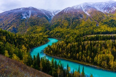 crescent moon bend or yue liang wan in autumn, kanas nature reserve, xinjiang, china