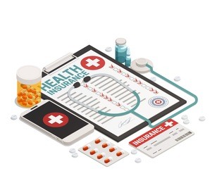 isometric composition with health insurance card medicine stethoscope and mobile phone on white background 3d vector illustration