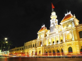 night landscape view ho chi ming city hall or ho chi minh city people's committee. low shutter speed effect.