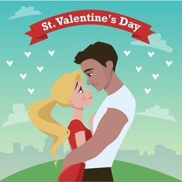 embraces of a loving couple.couple in love hugs against city background. black guy and blonde. happy valentines card.  vector illustration