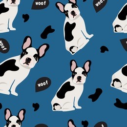 seamless pattern with cute french bulldog on blue background