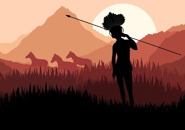 native african hunter in wild nature landscape illustration