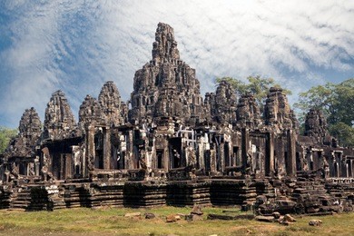 ancient bayon temple (12th century)  at angkor wat, siem reap, cambodia