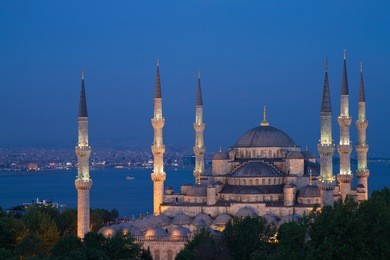 illuminated blue mosque during the blue hour in hdr, istanbul, turkey