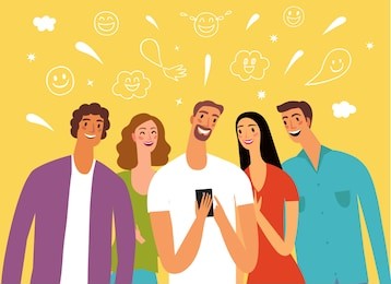 friends looking video and laughing. cartoon portraits. joke and fun illustration. 