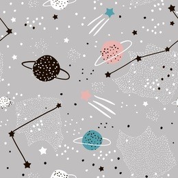 seamless childish pattern with space elements, star.creative nursery background. perfect for kids design, fabric, wrapping, wallpaper, textile, apparel