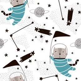 seamless childish pattern with cute cats astronauts. creative nursery background. perfect for kids design, fabric, wrapping, wallpaper, textile, apparel