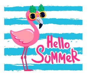 cute flamingo with glasses on a striped background, glasses pineapple, vector illustration, summer print design, children print on t-shirt