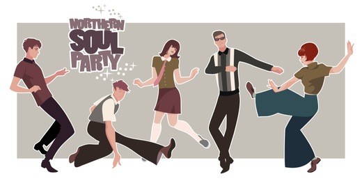 group of five young people wearing retro clothes, dancing mod or northern soul style