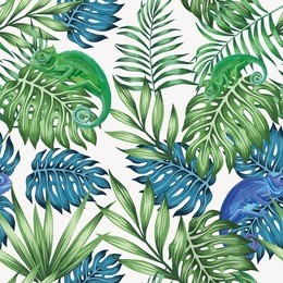 nature chameleon exotic blue and green tropical leaves seamless pattern on the vector white background