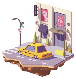 vector low poly detailed classic yellow taxi car on the city street near boutique shop