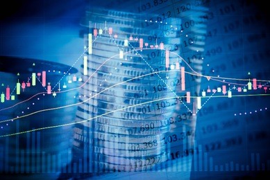 cryptocurrencies growth up as concept. candle stick graph chart with indicator: cryptocurrencies graphs trading including of up and down trend with divergent reverse price pattern.