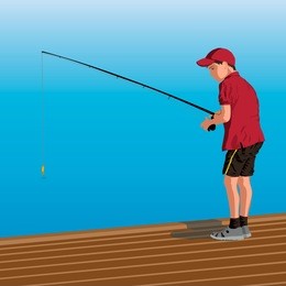 boy in the red shirt and black shorts is sitting on the dock with a fishing rod. fishing from the pier into the sea or a river shore