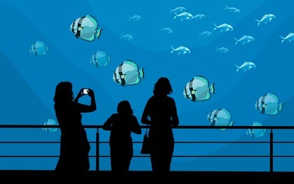 people watching underwater scenery with sea animals in oceanarium. vector illustration