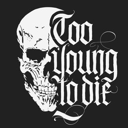 skull t-shirt with gothic lettering, hand drawn detailed sketchy design with medieval blackletter script, dead head with a lower jaw, rock and biker style print, vintage tee graphics. vector