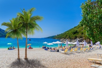 beautiful summer holiday scene of mikros poros gialos beach with people enjoying vacation in lefkada island, greece