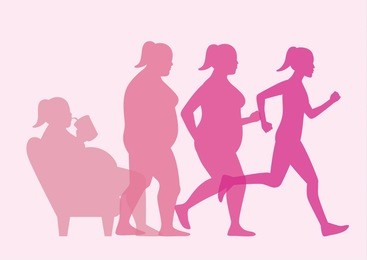 fat woman stand up from sofa for loss weight with jogging. this illustration about workout concept.