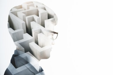 abstract image of businessman with maze. challenge and think concept. double exposure 