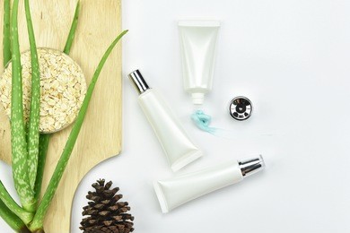 aloe vera plant, natural skincare beauty product .cosmetic bottle containers with green herbal leaves, blank label for branding mock-up.