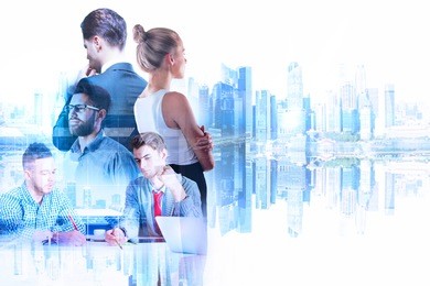 businessman and woman on abstract reflected city background. teamwork and job concept. double exposure 