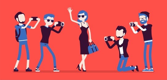 celebrity and journalists. young female elegant star, famous well-known person, newspaper or magazine men photographing her, mass media gathering hot news. vector illustration with faceless characters