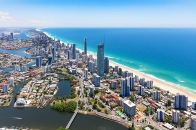 sunny aerial view of surfers paradise on the gold coast, queensland, australia
