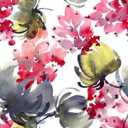 watercolor and ink illustration of flowers and leaves. sumi-e, u-sin painting. seamless pattern.
