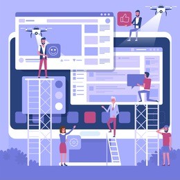 web design and development. site under construction. a team of young professionals working on a landing page. flat vector illustration, clip art. millennials at work. digital creative industry.