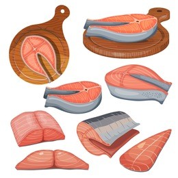 color illustration of a collection of pieces of fresh salmon meat on a white background. vector illustration of a set of pieces of red fish, salmon, steelhead and cutting boards