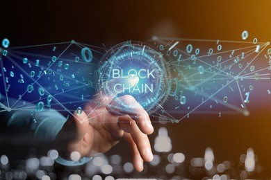 view of a blockchain title with 0 and 1 data flying over